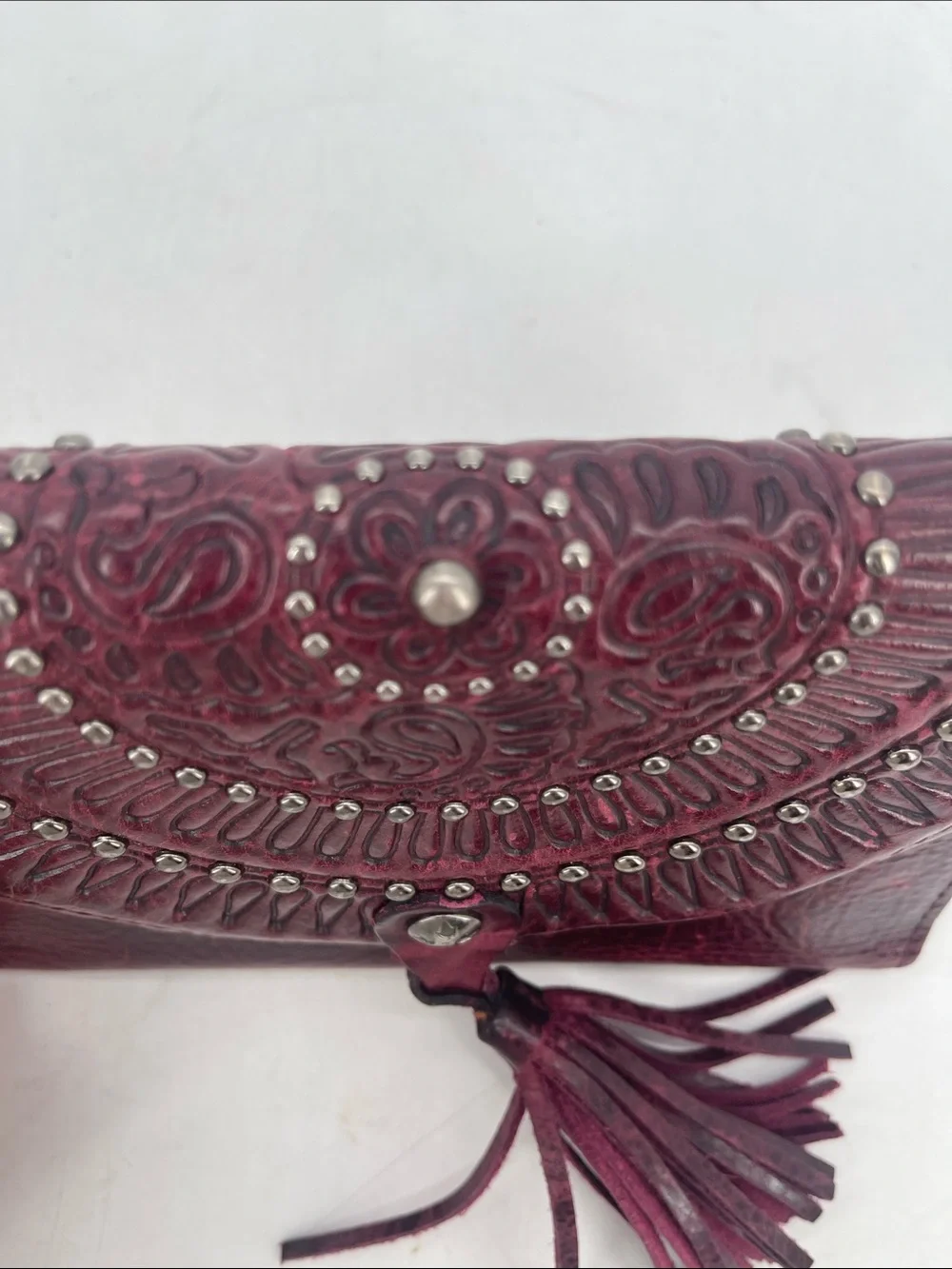 Patricia Nash Embossed Leather Tassel Wallet/Clutch Burgundy